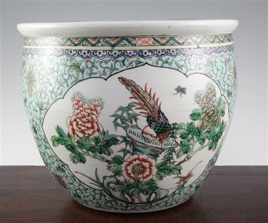 A Chinese famille verte goldfish bowl, late 19th century, diam.30cm, star crack to base